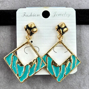 Gold‎ Blue Square Hallow Drop Dangle Stud Earrings Fashion Jewelry JB2-65